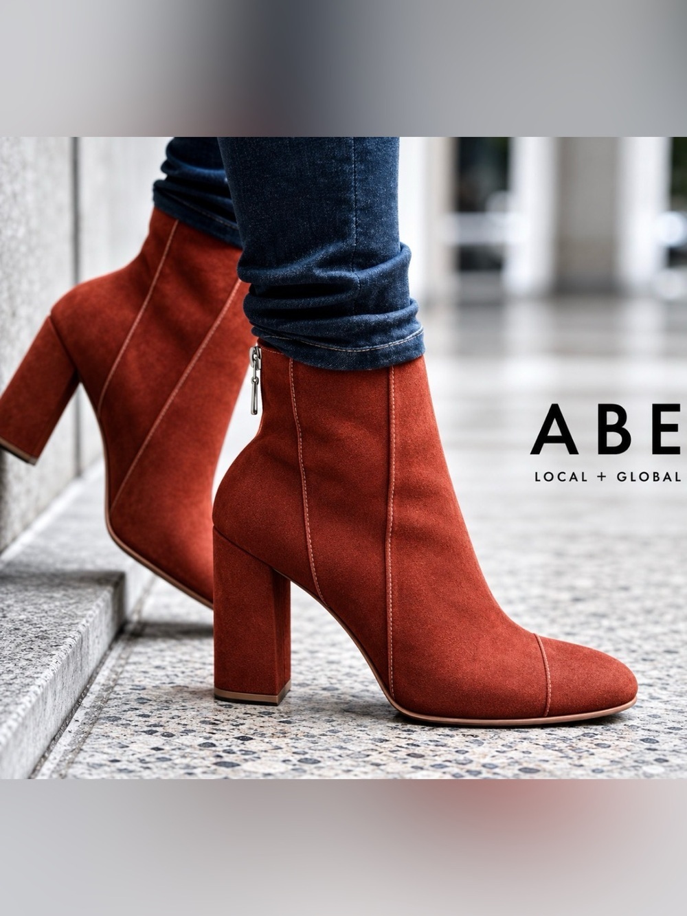Able Anthropologie Brick Red Rust Suede Back Zip Block Heel Leather Ankle Boots